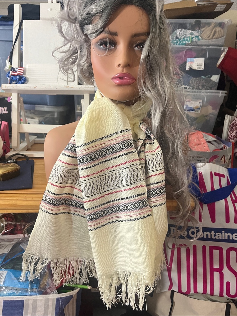 Cream Fringed the metric pattern Woven Scarf